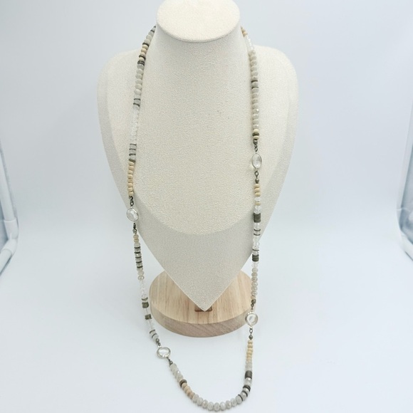Loft Ann Taylor Multi Beads Wool Clear Rhinstones Long Necklace in Neutral Tones - Picture 6 of 9
